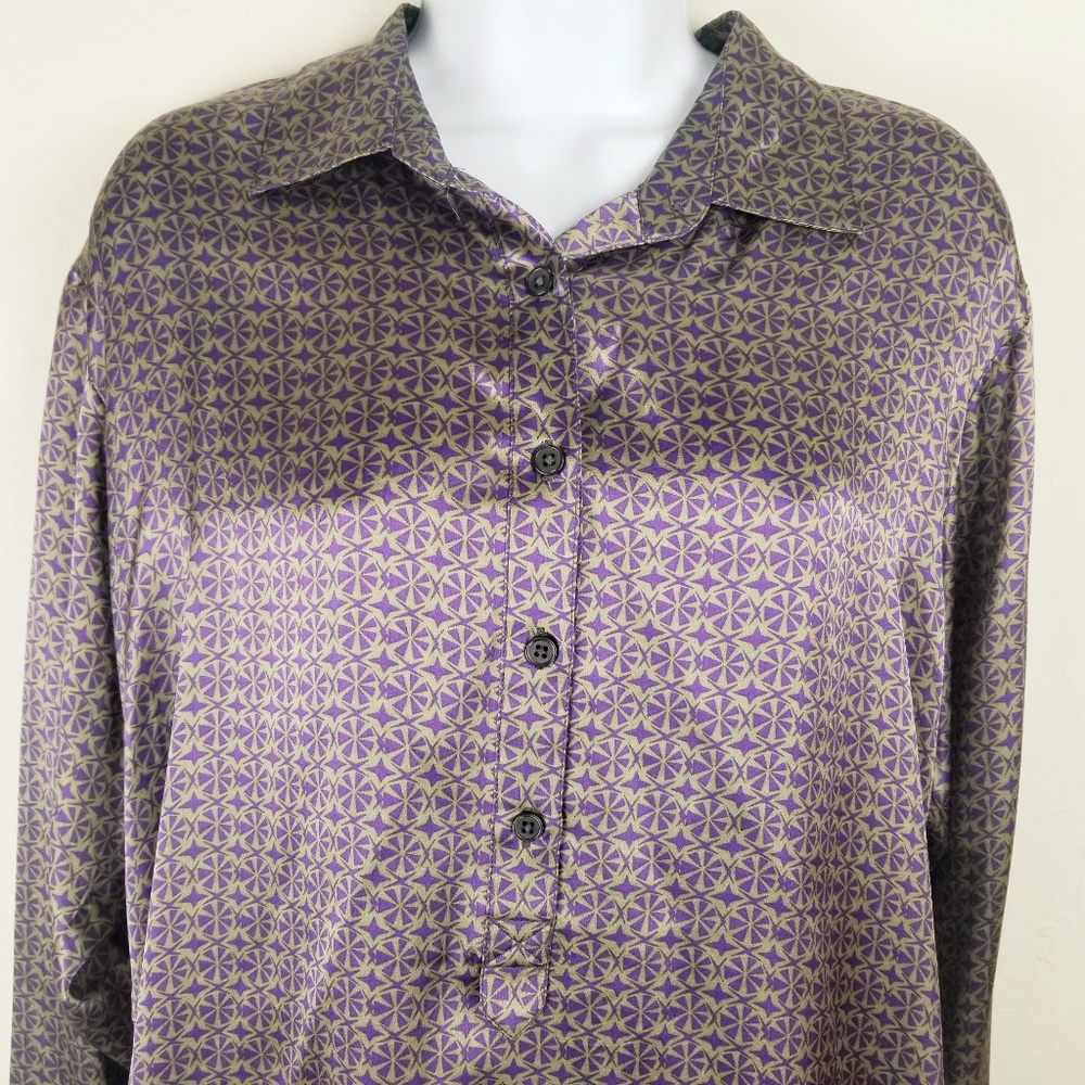 VINTAGE CAbi Printed Silk Tunic Blouse Purple Grey - Picture 3 of 7